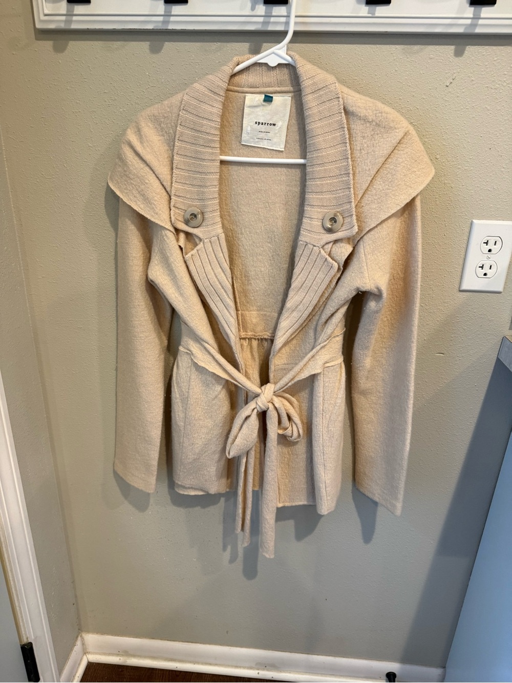 sparrow Cream Tie-Waist Shawl-Collar Cardigan